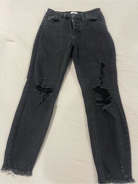 Ceros Distressed Black Jeans 28 Button Fly Raw Hem Cropped Y2K